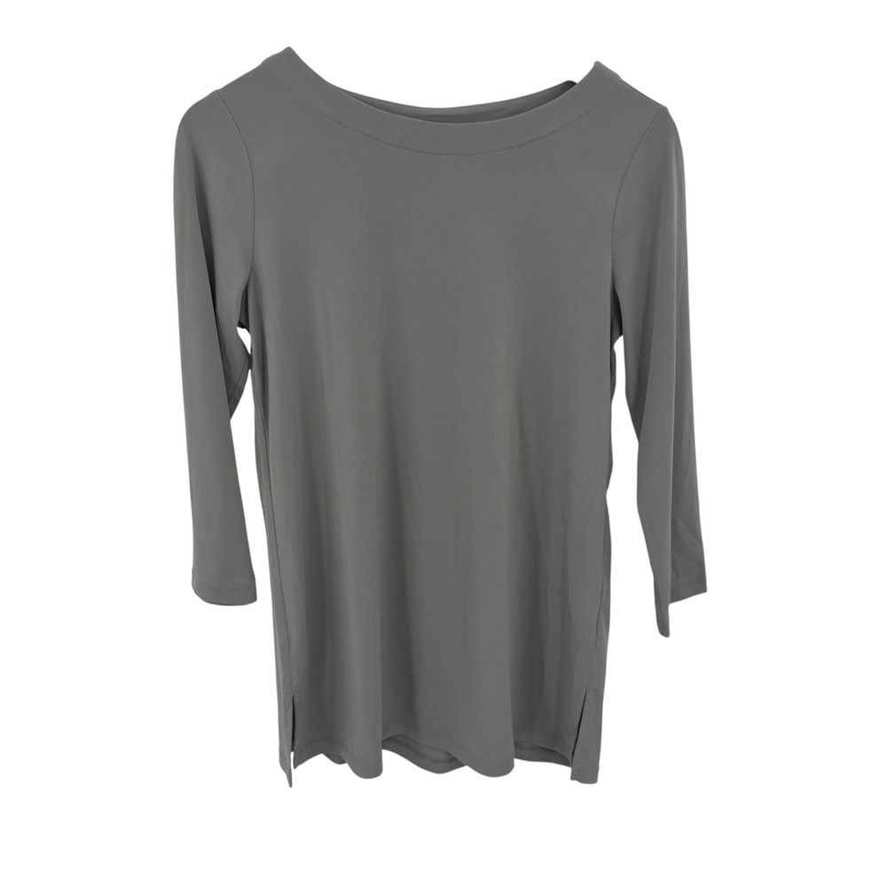 Susan Graver Top Women XS Gray 3/4 Sleeve Boat Neck Pleat Liquid Knit Neutral